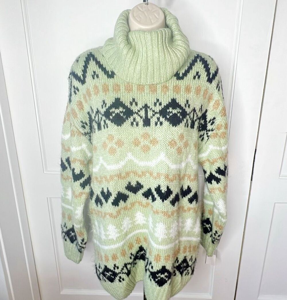 Anthropologie Turtleneck Sweater Mint Green Fair Isle Size Small